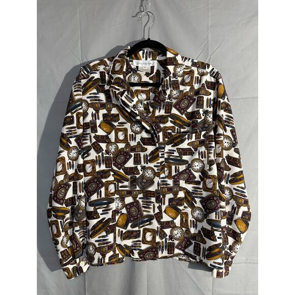 90s Vintage Top Womens Large Antiques Clocks Steampunk Button Up Shirt Eclectic - Picture 5 of 7